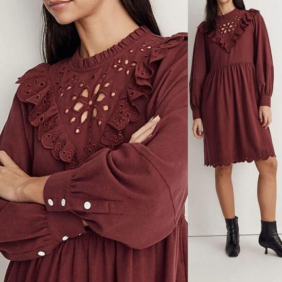 $140 NEW MADEWELL LONG SLEEVE MULBERRY MAROON RUFFLE MINI DRESS L LARGE NWT - Picture 1 of 14